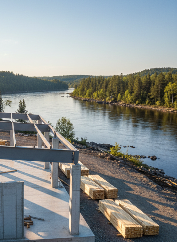 A meticulously framed wide shot of a modern riverside construction site along the Winnipeg River, featuring a partially completed commercial building with clean steel framing, fresh concrete foundations, and neatly stacked lumber pallets. The river glints in the background, bordered by rocky shoreline and dense boreal trees. Soft late-afternoon sunlight casts long, crisp shadows, emphasizing structural lines and textures of metal, wood, and poured concrete. The composition uses rule of thirds, with the building framing dominant on one side and the calm river on the other, captured in photographic realism with sharp focus throughout, projecting a professional, reliable, and high-quality construction brand image.