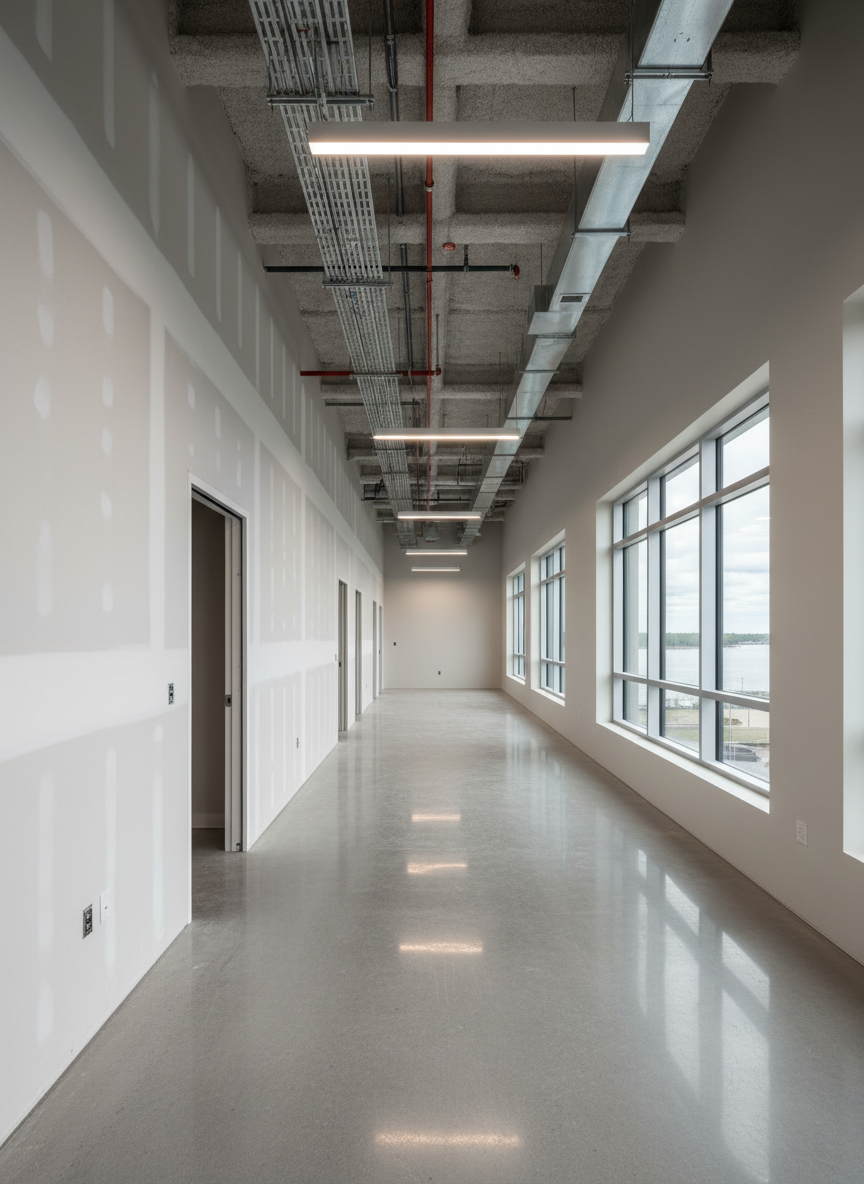 A photorealistic, wide-angle interior view of a newly constructed commercial space, showcasing flawless drywall, crisp corner beads, and smooth, freshly painted neutral walls. The polished concrete floor has a subtle satin sheen that reflects overhead linear LED lighting, evenly illuminating the high, exposed steel ceiling with neatly routed conduits and ductwork. Large, energy-efficient windows reveal a glimpse of the Winnipeg River in the distance, their aluminum frames straight and precise. The composition emphasizes long, straight sightlines down a corridor of door openings, creating depth and a sense of scale. The mood is clean, modern, and professional, conveying the ready-for-business quality of the construction.