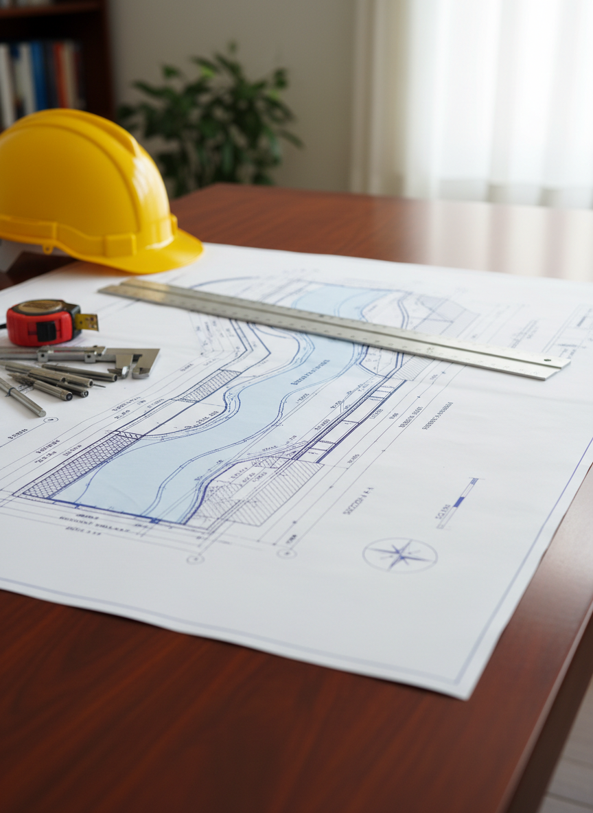 A close-up, photographic realism image of a detailed construction blueprint spread flat on a smooth, dark wood drafting table, with high-precision metal rulers, a bright yellow hard hat, and neatly arranged measuring tools. The blueprint shows clean, crisp lines of a riverside project, including clear annotations and elevation markings. Diffused natural daylight from an unseen window creates soft, even lighting, highlighting the sharp contrast of deep blue ink on white paper. The background falls into a gentle blur, keeping focus on the careful planning and accuracy. Shot from a slightly elevated angle, the mood is precise, professional, and organized, underscoring the meticulous preparation behind quality construction work.