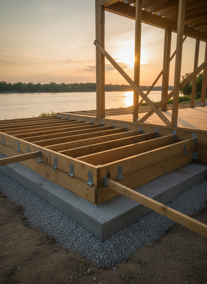 A photorealistic, low-angle shot of a freshly completed modern riverside home foundation and structural framing, with smooth, clean concrete footings, insulated forms, and precisely aligned pressure-treated lumber joists. The ground is compacted and level, with gravel neatly graded around the base. In the background, the Winnipeg River is visible through the skeletal frame, shimmering under soft golden hour light that gently wraps around beams and posts, creating subtle highlights on edges and textures. The sky is clear with a warm tone, and distant tree lines are softly blurred. The composition uses strong leading lines from the framing to draw the eye toward the water, conveying craftsmanship, stability, and long-term quality.
